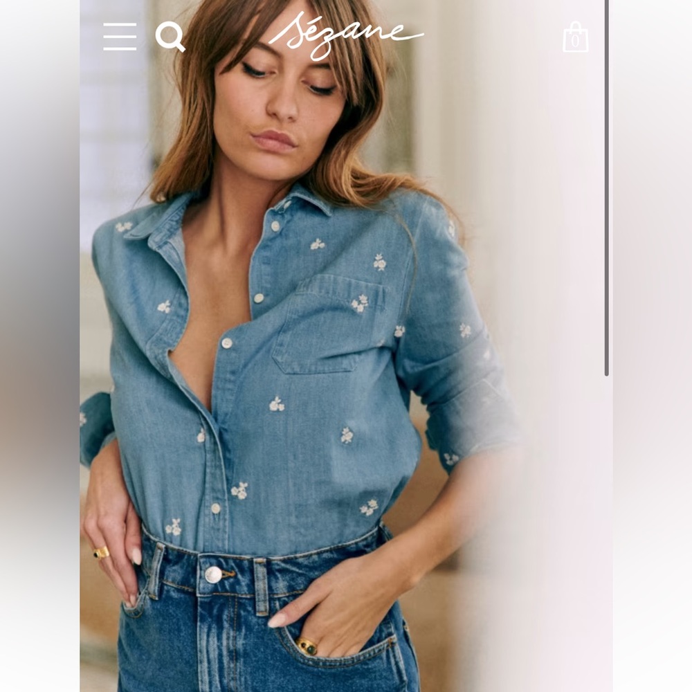 Sezane Tomboy Shirt-Embroidered Denim Size 40 (US 8)